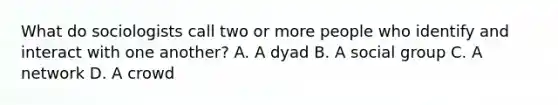 What do sociologists call two or more people who identify and interact with one another? A. A dyad B. A social group C. A network D. A crowd