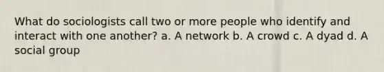 What do sociologists call two or more people who identify and interact with one another? a. A network b. A crowd c. A dyad d. A social group