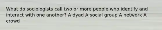 What do sociologists call two or more people who identify and interact with one another? A dyad A social group A network A crowd