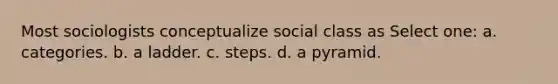 Most sociologists conceptualize social class as Select one: a. categories. b. a ladder. c. steps. d. a pyramid.