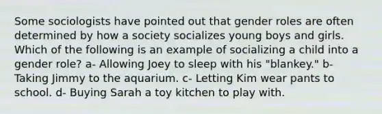 Some sociologists have pointed out that <a href='https://www.questionai.com/knowledge/kFBKZBlIHQ-gender-roles' class='anchor-knowledge'>gender roles</a> are often determined by how a society socializes young boys and girls. Which of the following is an example of socializing a child into a gender role? a- Allowing Joey to sleep with his "blankey." b- Taking Jimmy to the aquarium. c- Letting Kim wear pants to school. d- Buying Sarah a toy kitchen to play with.