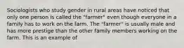 Sociologists who study gender in rural areas have noticed that only one person is called the "farmer" even though everyone in a family has to work on the farm. The "farmer" is usually male and has more prestige than the other family members working on the farm. This is an example of