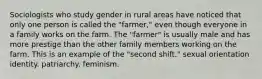 Sociologists who study gender in rural areas have noticed that only one person is called the "farmer," even though everyone in a family works on the farm. The "farmer" is usually male and has more prestige than the other family members working on the farm. This is an example of the "second shift." sexual orientation identity. patriarchy. feminism.