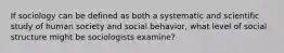 If sociology can be defined as both a systematic and scientific study of human society and social behavior, what level of social structure might be sociologists examine?