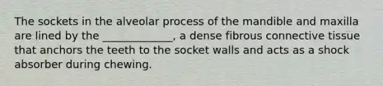 The sockets in the alveolar process of the mandible and maxilla are lined by the _____________, a dense fibrous connective tissue that anchors the teeth to the socket walls and acts as a shock absorber during chewing.