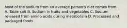 Most of the sodium from an average person's diet comes from.. A. Table salt B. Sodium in fruits and vegetables C. Sodium released from amino acids during metabolism D. Processed and packaged foods