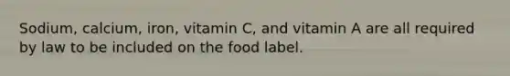 Sodium, calcium, iron, vitamin C, and vitamin A are all required by law to be included on the food label.