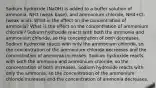 Sodium hydroxide (NaOH) is added to a buffer solution of ammonia, NH3 (weak base), and ammonium chloride, NH4+Cl- (weak acid). What is the effect on the concentration of ammonia? What is the effect on the concentration of ammonium chloride? Sodium hydroxide reacts with both the ammonia and ammonium chloride, so the concentration of both decreases. Sodium hydroxide reacts with only the ammonium chloride, so the concentration of the ammonium chloride decreases and the concentration of ammonia increases. Sodium hydroxide reacts with both the ammonia and ammonium chloride, so the concentration of both increases. Sodium hydroxide reacts with only the ammonia, so the concentration of the ammonium chloride increases and the concentration of ammonia decreases.