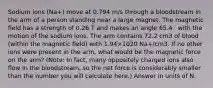 Sodium ions (Na+) move at 0.794 m/s through a bloodstream in the arm of a person standing near a large magnet. The magnetic ﬁeld has a strength of 0.26 T and makes an angle 65.4◦ with the motion of the sodium ions. The arm contains 72.2 cm3 of blood (within the magnetic ﬁeld) with 1.94×1020 Na+/cm3. If no other ions were present in the arm, what would be the magnetic force on the arm? (Note: In fact, many oppositely charged ions also ﬂow in the bloodstream, so the net force is considerably smaller than the number you will calculate here.) Answer in units of N.