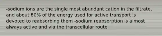 -sodium ions are the single most abundant cation in the filtrate, and about 80% of the energy used for active transport is devoted to reabsorbing them -sodium reabsorption is almost always active and via the transcellular route