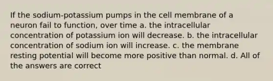 If the sodium-potassium pumps in the cell membrane of a neuron fail to function, over time a. the intracellular concentration of potassium ion will decrease. b. the intracellular concentration of sodium ion will increase. c. the membrane resting potential will become more positive than normal. d. All of the answers are correct