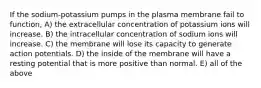 If the sodium-potassium pumps in the plasma membrane fail to function, A) the extracellular concentration of potassium ions will increase. B) the intracellular concentration of sodium ions will increase. C) the membrane will lose its capacity to generate action potentials. D) the inside of the membrane will have a resting potential that is more positive than normal. E) all of the above