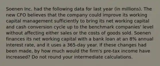 Soenen Inc. had the following data for last year (in millions). The new CFO believes that the company could improve its working capital management sufficiently to bring its net working capital and cash conversion cycle up to the benchmark companies' level without affecting either sales or the costs of goods sold. Soenen finances its net working capital with a bank loan at an 8% annual interest rate, and it uses a 365-day year. If these changes had been made, by how much would the firm's pre-tax income have increased? Do not round your intermediate calculations.