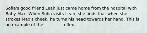 Sofia's good friend Leah just came home from the hospital with Baby Max. When Sofia visits Leah, she finds that when she strokes Max's cheek, he turns his head towards her hand. This is an example of the ________ reflex.