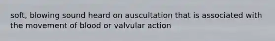 soft, blowing sound heard on auscultation that is associated with the movement of blood or valvular action