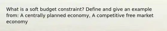 What is a soft budget constraint? Define and give an example from: A centrally planned economy, A competitive free market economy