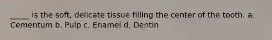 _____ is the soft, delicate tissue filling the center of the tooth. a. Cementum b. Pulp c. Enamel d. Dentin