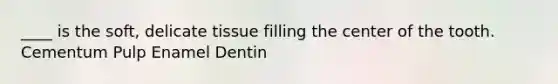 ____ is the soft, delicate tissue filling the center of the tooth. Cementum Pulp Enamel Dentin