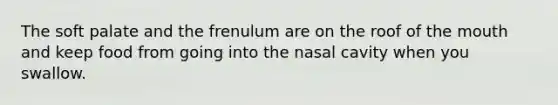 The soft palate and the frenulum are on the roof of the mouth and keep food from going into the nasal cavity when you swallow.