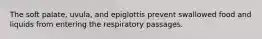 The soft palate, uvula, and epiglottis prevent swallowed food and liquids from entering the respiratory passages.