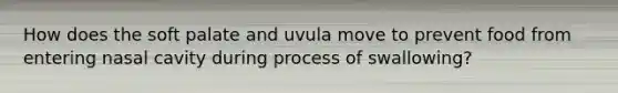 How does the soft palate and uvula move to prevent food from entering nasal cavity during process of swallowing?