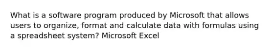 What is a software program produced by Microsoft that allows users to organize, format and calculate data with formulas using a spreadsheet system? Microsoft Excel