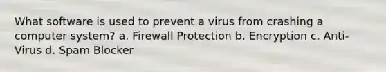 What software is used to prevent a virus from crashing a computer system? a. Firewall Protection b. Encryption c. Anti-Virus d. Spam Blocker