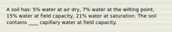 A soil has: 5% water at air dry, 7% water at the wilting point, 15% water at field capacity, 21% water at saturation. The soil contains ____ capillary water at field capacity.