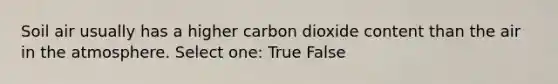 Soil air usually has a higher carbon dioxide content than the air in the atmosphere. Select one: True False