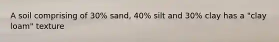 A soil comprising of 30% sand, 40% silt and 30% clay has a "clay loam" texture