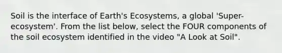 Soil is the interface of Earth's Ecosystems, a global 'Super-ecosystem'. From the list below, select the FOUR components of the soil ecosystem identified in the video "A Look at Soil".