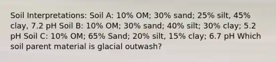 Soil Interpretations: Soil A: 10% OM; 30% sand; 25% silt, 45% clay, 7.2 pH Soil B: 10% OM; 30% sand; 40% silt; 30% clay; 5.2 pH Soil C: 10% OM; 65% Sand; 20% silt, 15% clay; 6.7 pH Which soil parent material is glacial outwash?