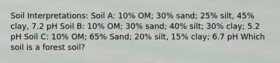 Soil Interpretations: Soil A: 10% OM; 30% sand; 25% silt, 45% clay, 7.2 pH Soil B: 10% OM; 30% sand; 40% silt; 30% clay; 5.2 pH Soil C: 10% OM; 65% Sand; 20% silt, 15% clay; 6.7 pH Which soil is a forest soil?