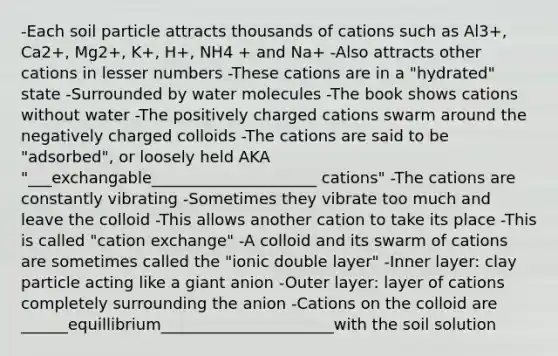 -Each soil particle attracts thousands of cations such as Al3+, Ca2+, Mg2+, K+, H+, NH4 + and Na+ -Also attracts other cations in lesser numbers -These cations are in a "hydrated" state -Surrounded by water molecules -The book shows cations without water -The positively charged cations swarm around the negatively charged colloids -The cations are said to be "adsorbed", or loosely held AKA "___exchangable_____________________ cations" -The cations are constantly vibrating -Sometimes they vibrate too much and leave the colloid -This allows another cation to take its place -This is called "cation exchange" -A colloid and its swarm of cations are sometimes called the "ionic double layer" -Inner layer: clay particle acting like a giant anion -Outer layer: layer of cations completely surrounding the anion -Cations on the colloid are ______equillibrium______________________with the soil solution