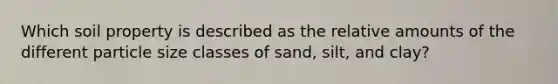 Which soil property is described as the relative amounts of the different particle size classes of sand, silt, and clay?