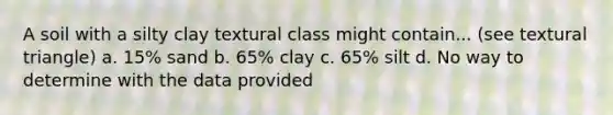 A soil with a silty clay textural class might contain... (see textural triangle) a. 15% sand b. 65% clay c. 65% silt d. No way to determine with the data provided