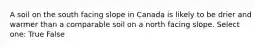 A soil on the south facing slope in Canada is likely to be drier and warmer than a comparable soil on a north facing slope. Select one: True False