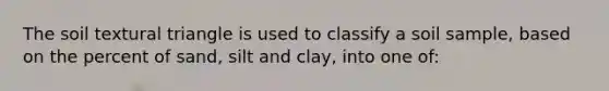 The soil textural triangle is used to classify a soil sample, based on the percent of sand, silt and clay, into one of: