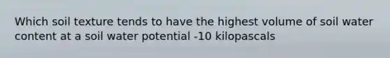 Which soil texture tends to have the highest volume of soil water content at a soil water potential -10 kilopascals
