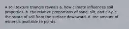 A soil texture triangle reveals a. how climate influences soil properties. b. the relative proportions of sand, silt, and clay. c. the strata of soil from the surface downward. d. the amount of minerals available to plants.