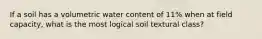 If a soil has a volumetric water content of 11% when at field capacity, what is the most logical soil textural class?