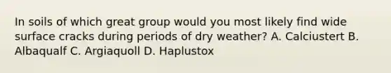 In soils of which great group would you most likely find wide surface cracks during periods of dry weather? A. Calciustert B. Albaqualf C. Argiaquoll D. Haplustox