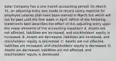 Solar Company has a one month accounting period: On March 31, an adjusting entry was made to record salary expense for employee salaries that have been earned in March but which will not be paid until the first week in April. Which of the following statements best describes the effect of this adjusting entry upon the major elements of the accounting equation? A. Assets are not affected, liabilities are increased, and stockholders' equity is increased. B. Assets are decreased, liabilities are increased, and stockholders' equity is decreased. C. Assets are not affected, liabilities are increased, and stockholders' equity is decreased. D. Assets are decreased, liabilities are not affected, and stockholders' equity is decreased.