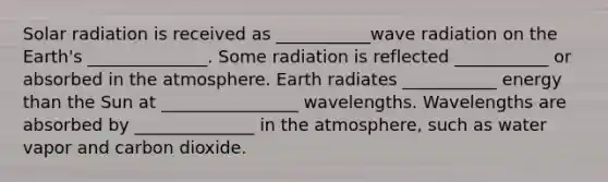 Solar radiation is received as ___________wave radiation on the Earth's ______________. Some radiation is reflected ___________ or absorbed in the atmosphere. Earth radiates ___________ energy than the Sun at ________________ wavelengths. Wavelengths are absorbed by ______________ in the atmosphere, such as water vapor and carbon dioxide.