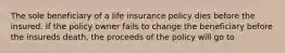 The sole beneficiary of a life insurance policy dies before the insured. If the policy owner fails to change the beneficiary before the insureds death, the proceeds of the policy will go to