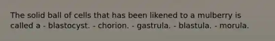 The solid ball of cells that has been likened to a mulberry is called a - blastocyst. - chorion. - gastrula. - blastula. - morula.