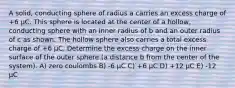 A solid, conducting sphere of radius a carries an excess charge of +6 µC. This sphere is located at the center of a hollow, conducting sphere with an inner radius of b and an outer radius of c as shown. The hollow sphere also carries a total excess charge of +6 µC. Determine the excess charge on the inner surface of the outer sphere (a distance b from the center of the system). A) zero coulombs B) -6 μC C) +6 μC D) +12 μC E) -12 μC