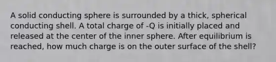 A solid conducting sphere is surrounded by a thick, spherical conducting shell. A total charge of -Q is initially placed and released at the center of the inner sphere. After equilibrium is reached, how much charge is on the outer surface of the shell?