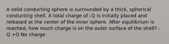 A solid conducting sphere is surrounded by a thick, spherical conducting shell. A total charge of -Q is initially placed and released at the center of the inner sphere. After equilibrium is reached, how much charge is on the outer surface of the shell? -Q +Q No charge