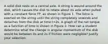 A solid disk rests on a central axle. A string is wound around the disk, which causes the disk to rotate about its axle when pulled with a constant force FP, as shown in Figure 1. The force is exerted on the string until the string completely unwinds and detaches from the disk at time t=2s. A graph of the net torque as a function of time is shown in Figure 2. How can a student determine what the change in angular momentum of the disk would be between 0s and 2s if friction were negligible? Justify your selection.